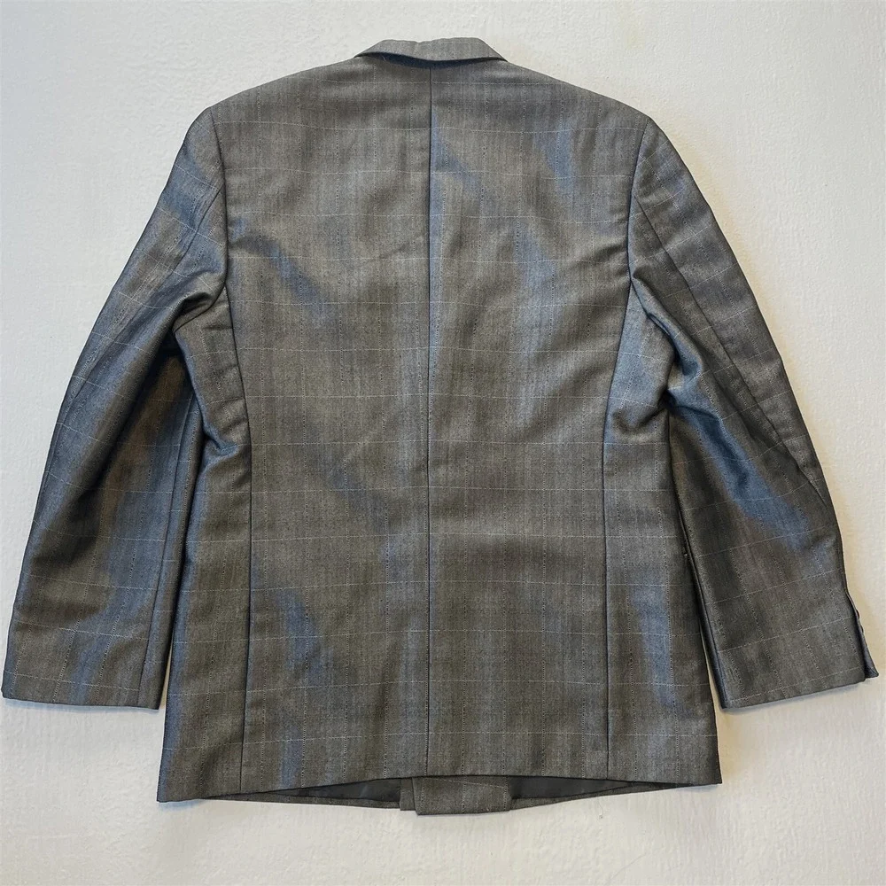 Vtg 42R SIlver Windowpane Check Double‎ Breasted Blazer Jacket Sport Coat